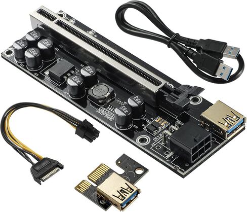 بطاقة PCIE Riser ذات 8 مكثفات، بطاقة موسع GPU لتعدين Bitcoin Litecoin ETH Ethereum، مع كابل تمديد USB 3.0 بطول 60 سم وكابل طاقة SATA 6PIN (6 حزم) in Kuwait