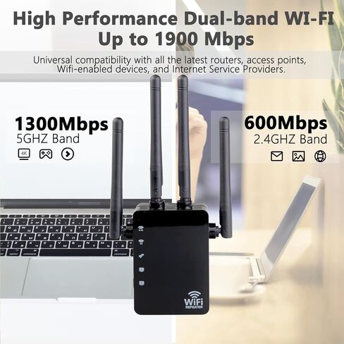 مكرر معزز موسع شبكة WiFi، نطاق مزدوج 1200 ميجا بت في الثانية 5 جيجا هرتز/2.4 جيجا هرتز إشارة WiFi قوية الاختراق 35 جهازًا 4 أوضاع إعداد بنقرة واحدة، 4 هوائيات تغطية كاملة 360 درجة in Kuwait