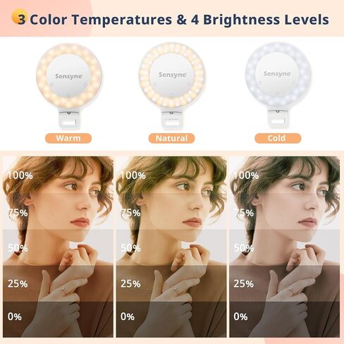 ضوء حلقة سيلفي Sensyne، مصباح LED دائري قابل لإعادة الشحن متوافق مع الهواتف المحمولة، iPad، أجهزة الكمبيوتر المحمول، مرايا للبث المباشر، السيلفي، مدونة الفيديو، مكالمات التكبير/التصغير in Kuwait