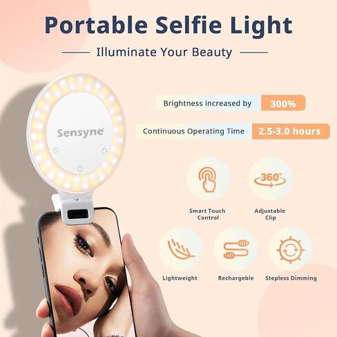 ضوء حلقة سيلفي Sensyne، مصباح LED دائري قابل لإعادة الشحن متوافق مع الهواتف المحمولة، iPad، أجهزة الكمبيوتر المحمول، مرايا للبث المباشر، السيلفي، مدونة الفيديو، مكالمات التكبير/التصغير in Kuwait