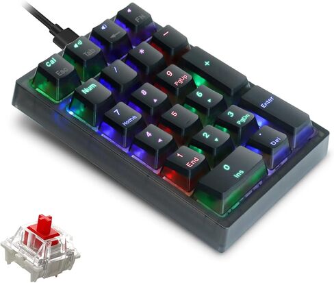 لوحة أرقام، لوحة مفاتيح رقمية سلكية ميكانيكية USB مع إضاءة خلفية RGB وأغطية مفاتيح Pudding للكمبيوتر المحمول المكتبي (أسود، مفاتيح حمراء) in Kuwait