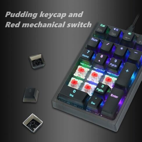 لوحة أرقام، لوحة مفاتيح رقمية سلكية ميكانيكية USB مع إضاءة خلفية RGB وأغطية مفاتيح Pudding للكمبيوتر المحمول المكتبي (أسود، مفاتيح حمراء) in Kuwait