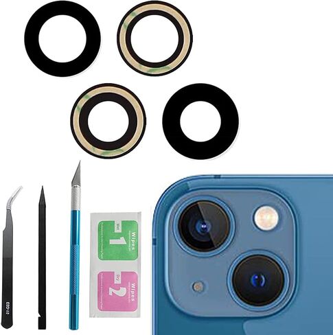 قطعتان/مجموعة بديلة للعدسة الزجاجية للكاميرا الخلفية لهاتف iPhone 13 وiPhone 13 Mini Camera Glass Lens Max Sapphire مع لاصق مثبت مسبقًا + مجموعة أدوات إصلاح بديلة in Kuwait