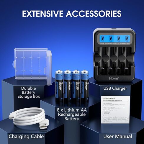 Hixon Rechargeable AA Batteries and LCD Charger,8x3500mWh Rechargeable AA Lithium 1.5V Batteries,Constant Output,Max 3A Current,1600Cycles,Fits for Blink Camera VR/Xbox Gaming Controller. in Saudi Arabia