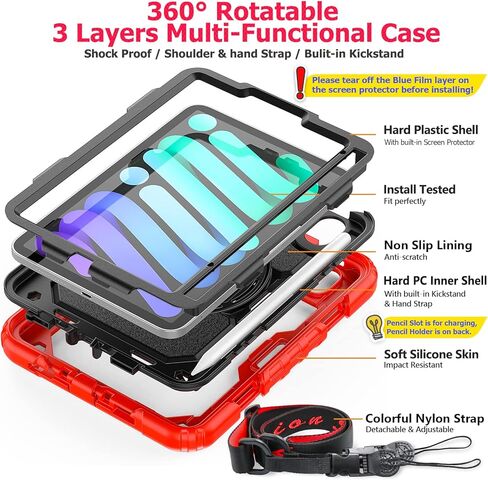 SEYMAC stock Case for iPad Mini 6 8.3'' 2021 with Screen Protector Pencil Holder [360 Rotating Hand Strap] &Stand, Drop-Proof Case for iPad Mini 6th Generation 8.3", Black in Saudi Arabia