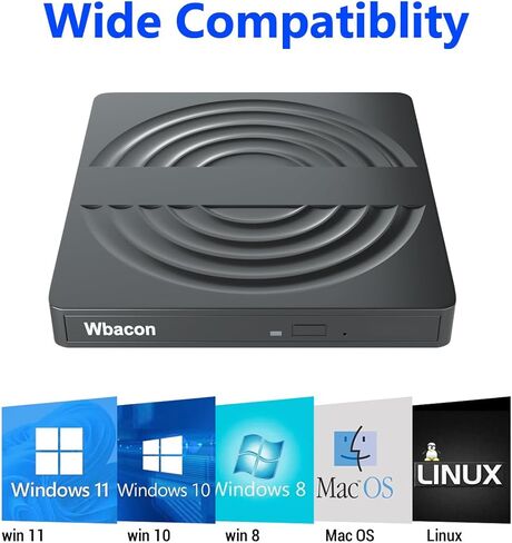 محرك أقراص DVD خارجي Wbacon، USB 3.0 نوع C ناسخ CD/DVD +/-RW مشغل قارئ أقراص محرك الأقراص الضوئية لأجهزة الكمبيوتر المحمول وأجهزة الكمبيوتر المكتبية Windows 11 Mac MacBook مع فتحة بطاقة SD/TF ومنفذي USB in Kuwait