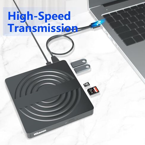 محرك أقراص DVD خارجي Wbacon، USB 3.0 نوع C ناسخ CD/DVD +/-RW مشغل قارئ أقراص محرك الأقراص الضوئية لأجهزة الكمبيوتر المحمول وأجهزة الكمبيوتر المكتبية Windows 11 Mac MacBook مع فتحة بطاقة SD/TF ومنفذي USB in Kuwait