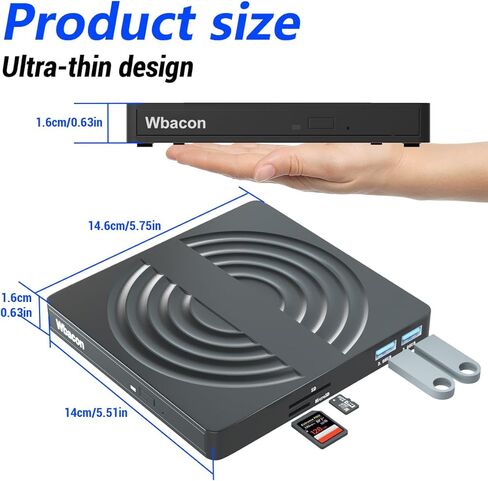 محرك أقراص DVD خارجي Wbacon، USB 3.0 نوع C ناسخ CD/DVD +/-RW مشغل قارئ أقراص محرك الأقراص الضوئية لأجهزة الكمبيوتر المحمول وأجهزة الكمبيوتر المكتبية Windows 11 Mac MacBook مع فتحة بطاقة SD/TF ومنفذي USB in Kuwait