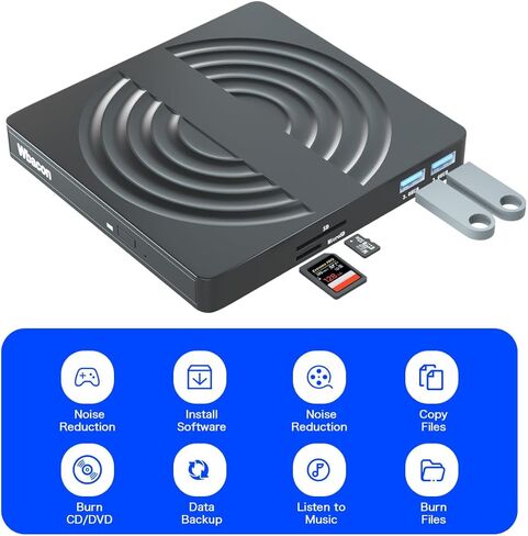 محرك أقراص DVD خارجي Wbacon، USB 3.0 نوع C ناسخ CD/DVD +/-RW مشغل قارئ أقراص محرك الأقراص الضوئية لأجهزة الكمبيوتر المحمول وأجهزة الكمبيوتر المكتبية Windows 11 Mac MacBook مع فتحة بطاقة SD/TF ومنفذي USB in Kuwait