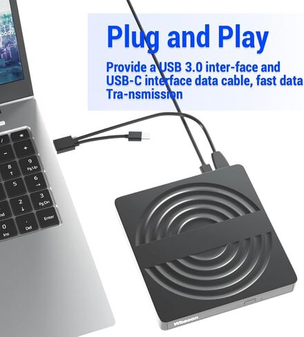 محرك أقراص DVD خارجي Wbacon، USB 3.0 نوع C ناسخ CD/DVD +/-RW مشغل قارئ أقراص محرك الأقراص الضوئية لأجهزة الكمبيوتر المحمول وأجهزة الكمبيوتر المكتبية Windows 11 Mac MacBook مع فتحة بطاقة SD/TF ومنفذي USB in Kuwait