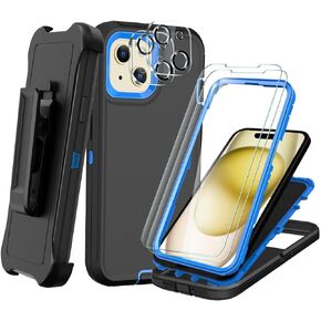 Designed for iPhone 15 Case [2 Screen Protector + 2 Camera Lens Protector + Belt Clip] Military Grade Full Body Cover, Heavy Duty Shockproof Drop Proof Protection Case 6.1"(Black Black)