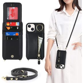 iPhone 14 Case with Card Holder for Women, iPhone 14 Phone Case Wallet with Strap Credit Card Slots Crossbody with Kickstand Zipper Shockproof Case for iPhone14 - Black