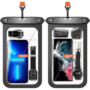 Lanhiem 10.5" Large Waterproof Phone Pouch, 2 Pack Universal IPX8 Waterproof Dry Bag with Lanyard for iPhone 15 14 13 Pro Max, Samsung Galaxy S23 S22 Ultra, S23 FE, Pixel 8 Pro, Black+Black