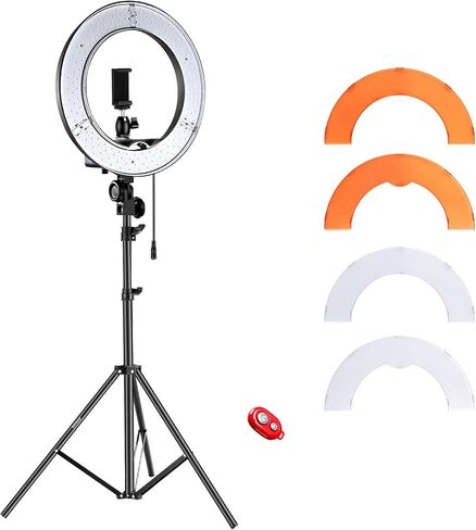 Neewer RL-12 مصباح حلقة LED مقاس 14 بوصة خارجي/12 بوصة في المنتصف مع حامل إضاءة، فلتر ألوان، حامل هاتف للمكياج، يوتيوب، تيك توك، تصوير فيديو الكاميرا/الهاتف in Saudi Arabia
