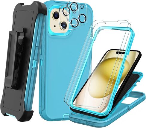 Designed for iPhone 15 Case [2 Screen Protector + 2 Camera Lens Protector + Belt Clip] Military Grade Full Body Cover, Heavy Duty Shockproof Drop Proof Protection Case 6.1"(Black Black) in Kuwait