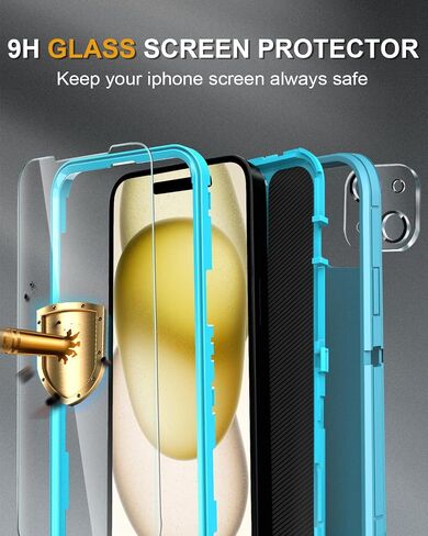 Designed for iPhone 15 Case [2 Screen Protector + 2 Camera Lens Protector + Belt Clip] Military Grade Full Body Cover, Heavy Duty Shockproof Drop Proof Protection Case 6.1"(Black Black) in Kuwait