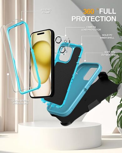 Designed for iPhone 15 Case [2 Screen Protector + 2 Camera Lens Protector + Belt Clip] Military Grade Full Body Cover, Heavy Duty Shockproof Drop Proof Protection Case 6.1"(Black Black) in Kuwait