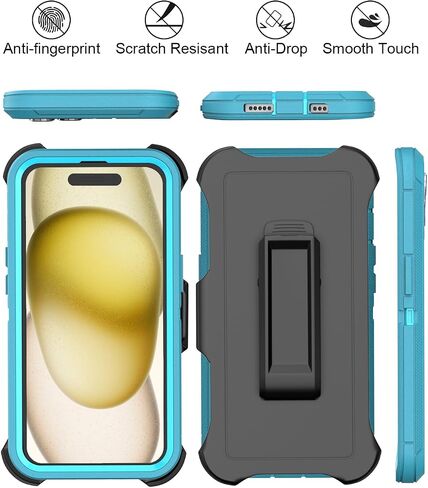 Designed for iPhone 15 Case [2 Screen Protector + 2 Camera Lens Protector + Belt Clip] Military Grade Full Body Cover, Heavy Duty Shockproof Drop Proof Protection Case 6.1"(Black Black) in Kuwait