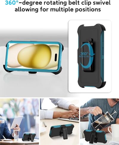 Designed for iPhone 15 Case [2 Screen Protector + 2 Camera Lens Protector + Belt Clip] Military Grade Full Body Cover, Heavy Duty Shockproof Drop Proof Protection Case 6.1"(Black Black) in Kuwait