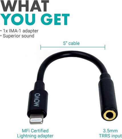 Movo IMA-1 Female 3.5mm TRRS Microphone Adapter Cable to Lightning Connector Dongle Compatible with Apple iPhone, iPad Smartphones and Tablets - Optimized for Microphones/Pro Audio in Saudi Arabia