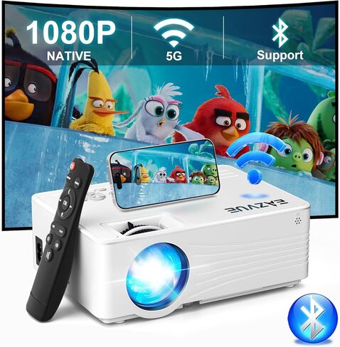 جهاز عرض أصلي 1080 بكسل مع 5G WiFi وBluetooth 5.2، جهاز عرض EAZVUE Mini 400 ANSI Lumen، جهاز عرض محمول متوافق مع عصا التلفاز/الهاتف/الكمبيوتر الشخصي/DVD/HDMI/AV/USB/SD، جهاز عرض أفلام خارجي in Kuwait