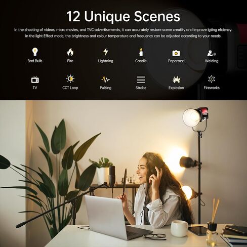 GVM Photography Lighting 300W Bi-Color Studio Lights with 45°Standard Reflector 65700Lux@1m CCT 2700~6800K 12Lighting Scenes App Control LED Video Light in Kuwait