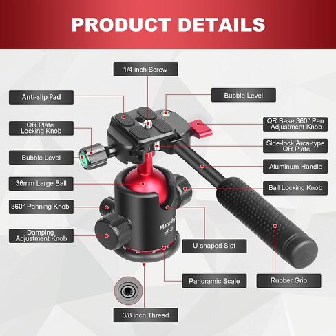 رأس كروي، رأس كروي ثلاثي القوائم من مانبيلي مع مقبض، رأس إمالة مع لوحة تحرير سريعة 1/4 بوصة، رأس كروي معدني بانورامي دوار 360 درجة لكاميرا DSLR in Kuwait