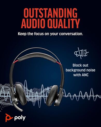 سماعة الرأس اللاسلكية Poly Voyager Focus UC للكمبيوتر وحامل الشحن (Plantronics) - إلغاء الضوضاء النشط (ANC) - توصيل الكمبيوتر الشخصي/Mac/الهاتف المحمول عبر البلوتوث - تعمل مع فرق (معتمدة)، Zoom-Amazon حصريًا in Kuwait