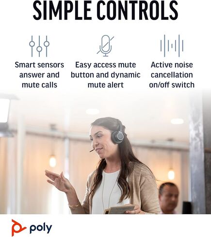 سماعة الرأس اللاسلكية Poly Voyager Focus UC للكمبيوتر وحامل الشحن (Plantronics) - إلغاء الضوضاء النشط (ANC) - توصيل الكمبيوتر الشخصي/Mac/الهاتف المحمول عبر البلوتوث - تعمل مع فرق (معتمدة)، Zoom-Amazon حصريًا in Kuwait