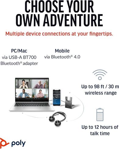 سماعة الرأس اللاسلكية Poly Voyager Focus UC للكمبيوتر وحامل الشحن (Plantronics) - إلغاء الضوضاء النشط (ANC) - توصيل الكمبيوتر الشخصي/Mac/الهاتف المحمول عبر البلوتوث - تعمل مع فرق (معتمدة)، Zoom-Amazon حصريًا in Kuwait