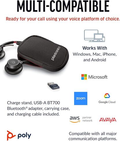 سماعة الرأس اللاسلكية Poly Voyager Focus UC للكمبيوتر وحامل الشحن (Plantronics) - إلغاء الضوضاء النشط (ANC) - توصيل الكمبيوتر الشخصي/Mac/الهاتف المحمول عبر البلوتوث - تعمل مع فرق (معتمدة)، Zoom-Amazon حصريًا in Kuwait