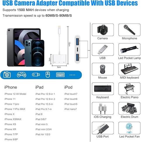 اس سي اي ان سي اي ان سي اي محول كاميرا لايتنينج الى USB 3.0 متوافق مع ايفون وايباد، محول USB ايفون مع منفذي USB 3.0 ومنفذ شحن واحد، بدون تطبيق، التوصيل والتشغيل (ابيض) in Kuwait