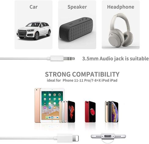 [معتمد من ابل] سلك AUX لايفون من ميكس فلاي لستيريو السيارة، كيبل صوت لايتنينج الى 3.5 ملم AUX متوافق مع ايفون 14/13/12/11/XS/X، ستيريو منزلي/سماعة راس، يدعم جميع اصدارات iOS - 3.3 قدم (ابيض) in Kuwait