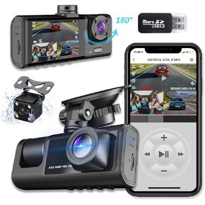 3 Channel Dash Cam Front and Rear Inside, 1080P Full HD 170 Deg Wide Angle Dashboard Camera, Dashcam Three Way Triple Car Camera with IR Night Vision, Loop Recording, G-Sensor,24H Parking Recording in Saudi Arabia