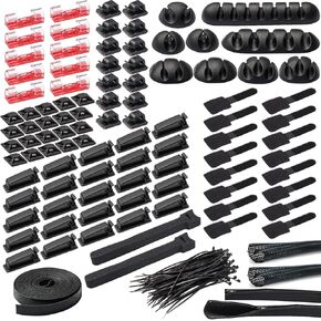 Lovonto 210 Pcs Cable/Cord Management Organizer Kit; PC Setup Accessories Including Cable Sleeves, Adhesive Cable Organizer Clips, Cord Keepers, Cable Holders and Ties for Home, Office Electronics in Kuwait