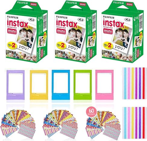فيلم Fujifilm Instax Mini الفوري (4 عبوات، 80 ورقة) 5 إطارات مكتب بلاستيكية + 60 إطار ملصق + 2 عبوة من ملصقات الزوايا in Saudi Arabia