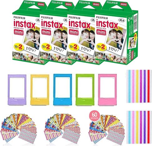 فيلم Fujifilm Instax Mini الفوري (4 عبوات، 80 ورقة) 5 إطارات مكتب بلاستيكية + 60 إطار ملصق + 2 عبوة من ملصقات الزوايا in Saudi Arabia