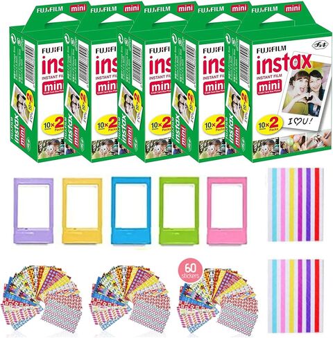 فيلم Fujifilm Instax Mini الفوري (4 عبوات، 80 ورقة) 5 إطارات مكتب بلاستيكية + 60 إطار ملصق + 2 عبوة من ملصقات الزوايا in Saudi Arabia
