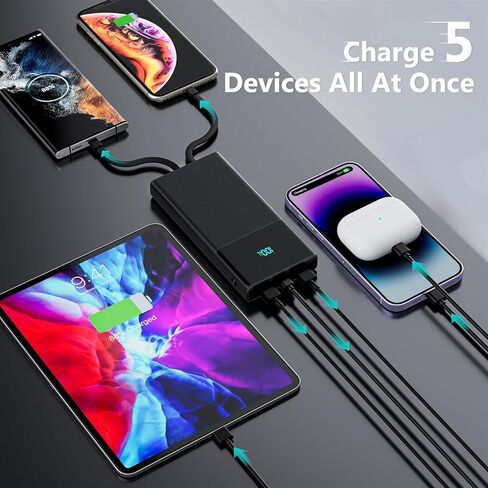 شاحن محمول باور بانك مع كابلين مدمجين (USB-C وiOS)، شاحن هاتف متين للشحن السريع بقدرة 13000 مللي أمبير في الساعة PD مع شاشة LED، شاحن احتياطي لحزمة البطارية لأجهزة iPhone وAndroid وغيرها - وردي (عبوة واحدة) in Kuwait
