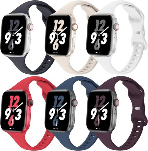 Eilesuny 6 Pack Slim Thin Bands Compatible with Apple Watch 38mm 40mm 41mm 42mm 44mm 45mm 49mm, Replacement Soft Silicone Sport Strap for iWatch Series 9/8/7/6/5/4/3/2/1 Ultra/2 SE Women Men in Saudi Arabia