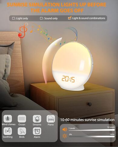 Wake Up Light, Sunrise Alarm Clock Radio, Bedside Lamp with Sleep Aid, Dual Alarms, Snooze, Colorful Lights, Natural Sounds for Kids Adults Bedroom in Kuwait