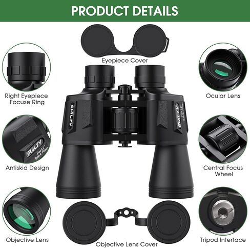 gvilty 20x50 مناظير عالية الطاقة للبالغين، مناظير مدمجة مقاومة للماء ممتازة مع رؤية منخفضة الإضاءة لمشاهدة الطيور والصيد والسفر وألعاب كرة القدم ومشاهدة النجوم مع حقيبة حمل in Kuwait