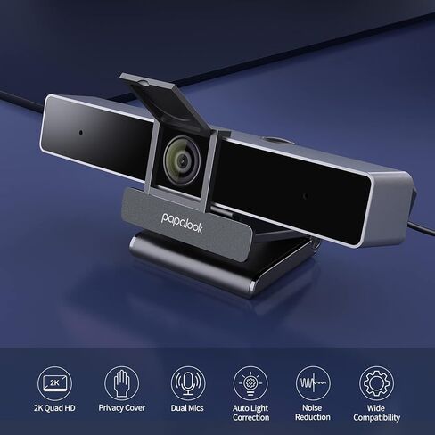 papalook 2022 2K Ultra HD Zoomable Webcam with Dual Microphone, Fixed Focus Web Camera with Tripod and Privacy Cover, 90° Wide-Angle View for Desktop/Laptop/Mac, Work with Skype/Zoom/WebEx/Lync in Kuwait