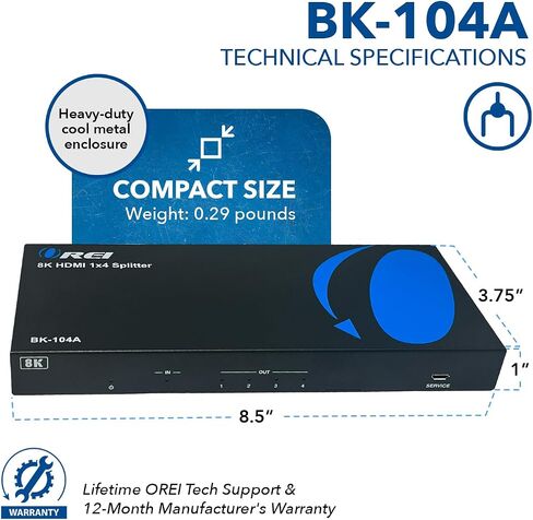 موزع HDMI OREI 8K 1 X 2، مكرر مع مستخرج الصوت UltraHD يدعم ما يصل إلى 4K @ 120 هرتز IR EDID HDCP 2.3 - (BK-102A) (1x2 - مخرج الصوت) in Kuwait