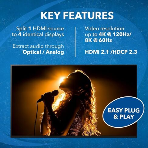 موزع HDMI OREI 8K 1 X 2، مكرر مع مستخرج الصوت UltraHD يدعم ما يصل إلى 4K @ 120 هرتز IR EDID HDCP 2.3 - (BK-102A) (1x2 - مخرج الصوت) in Kuwait