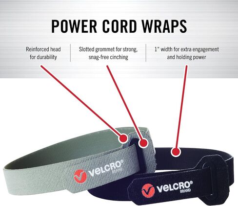 أغطية سلك الطاقة من ماركة VELCRO | أشرطة شديدة التحمل لأسلاك التمديد والحبال والكابلات | حلقة تثبيت مشقوقة معززة من أجل تثبيت قوي خالٍ من العوائق | 12 بوصة، 2 قطعة، أسود ورمادي in Kuwait