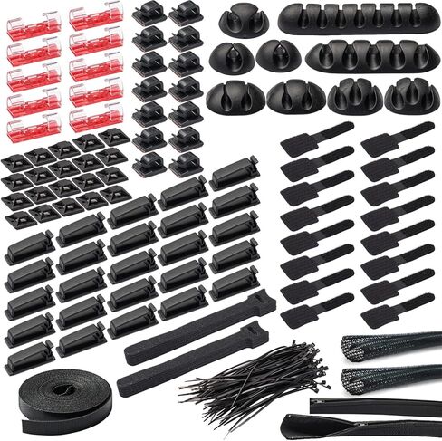Lovonto 210 Pcs Cable/Cord Management Organizer Kit; PC Setup Accessories Including Cable Sleeves, Adhesive Cable Organizer Clips, Cord Keepers, Cable Holders and Ties for Home, Office Electronics in Kuwait