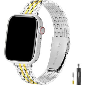 TISIMO for Apple Watch Band 38mm 40mm 41mm 42mm 44mm 45mm Series 9 8 7 6 5 4 3 2 1 SE SE2 Women and Men,Classic Stainless Steel Metal Watchband for iWatch Bands,Pretty Shiny Look