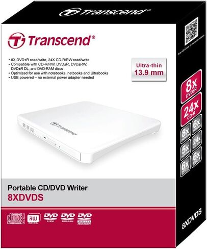Transcend 8K Extra Slim Portable DVD Writer Optical Drive (TS8XDVDS-K) | Ultra-slim, sleek design in Kuwait