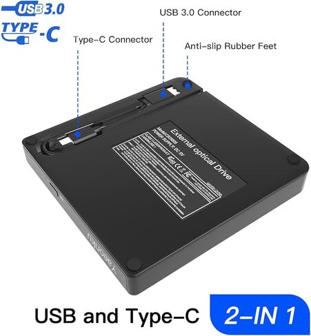 محرك أقراص DVD خارجي Yaeonku، USB 3.0 نوع C ناسخ أقراص مضغوطة محمول CD DVD +/-RW محرك أقراص ضوئي رفيع CD DVD ROM إعادة كتابة مشغل CD/DVD قارئ كاتب لأجهزة الكمبيوتر المحمول وسطح المكتب MacBook PC Windows Linux Mac OS (أسود) in Kuwait